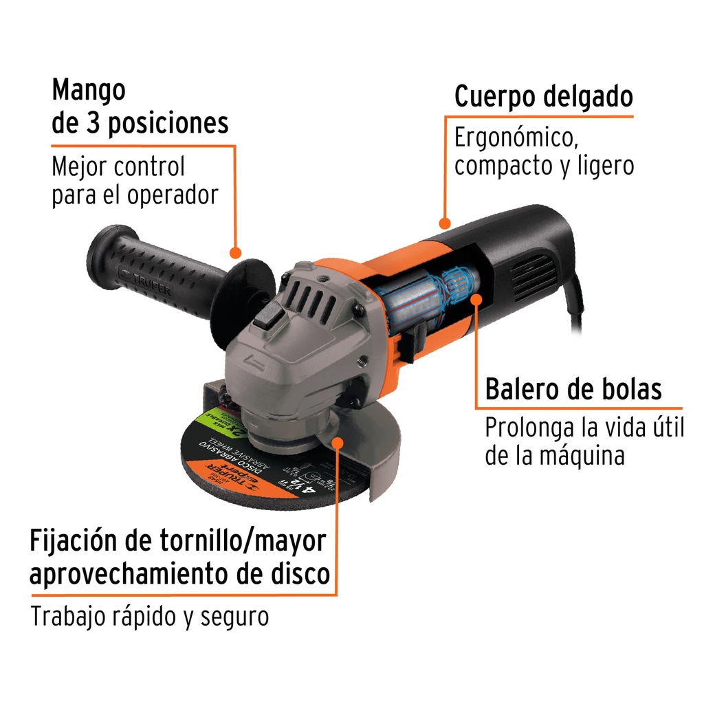 Esmeriladora angular 4-1/2' 800 W, profesional, Truper ESMA-4-1/2A9