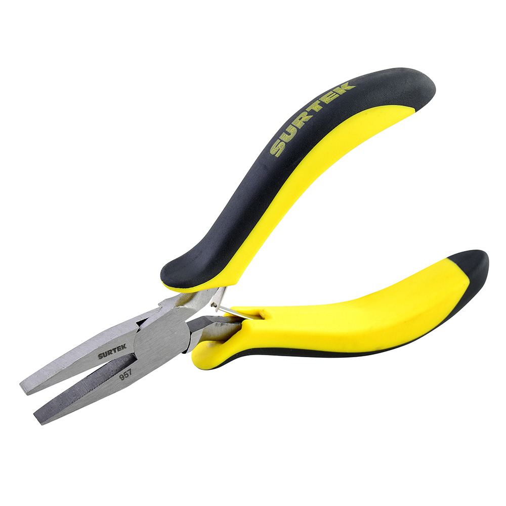 Mini pinza con mango bimaterial para electrónica de 4-3/4", punta plana