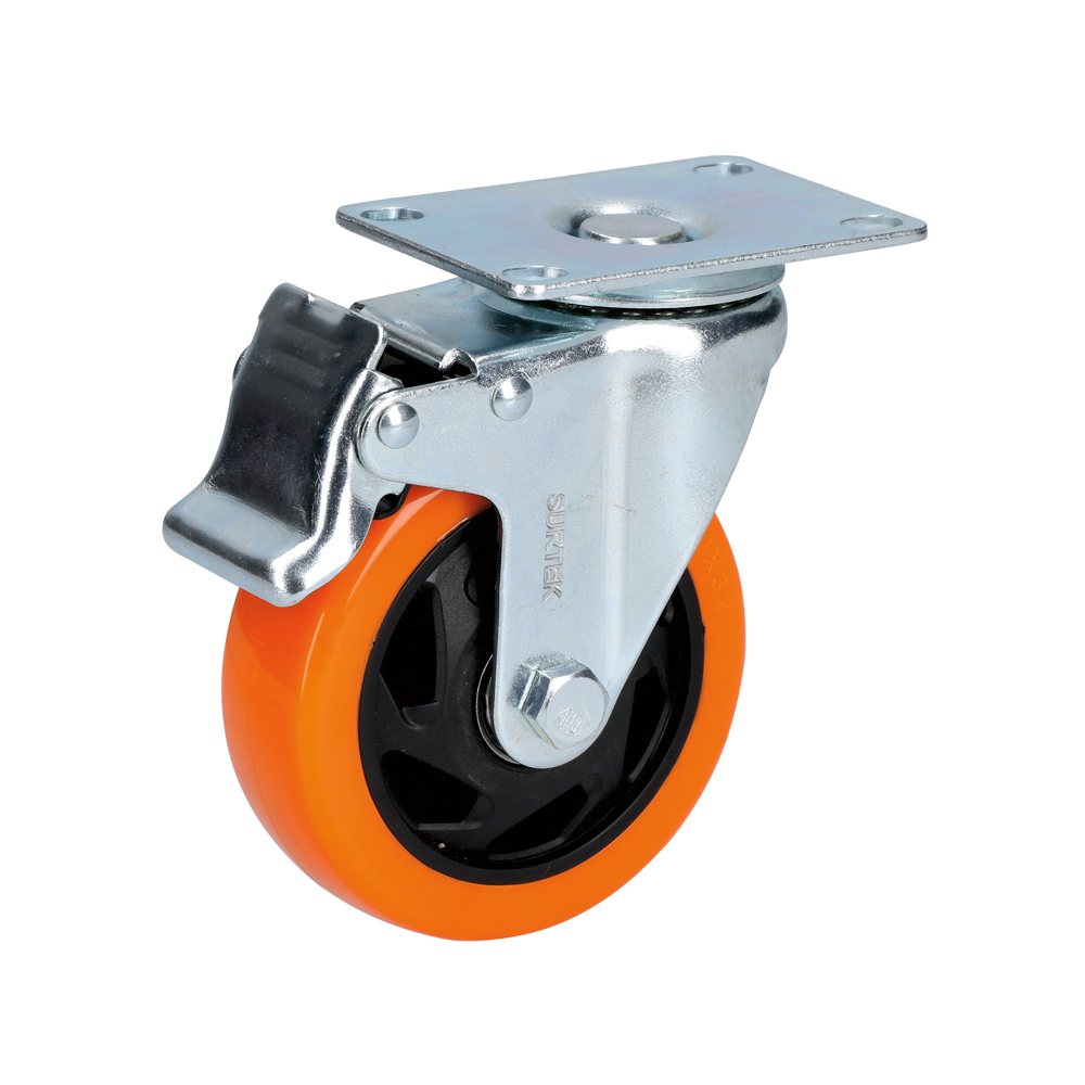 Rodaja de PVC naranja giratoria con freno 2-1/2"