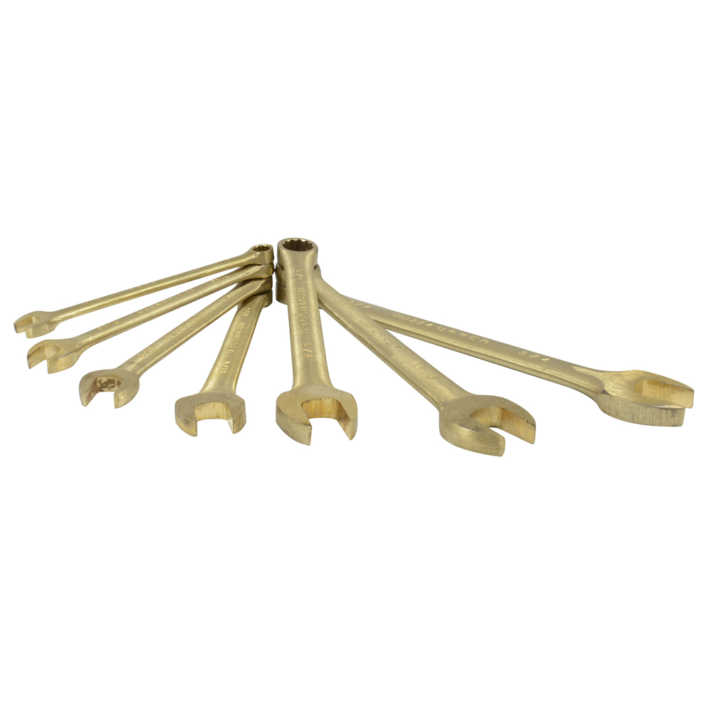 Juego de 7 llaves combinadas de bronce-aluminio antichispa en pulgadas, 12 puntas