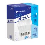 Pack de 4 lámparas de LED A19 18 W luz de día, caja, Volteck LED-125FX4